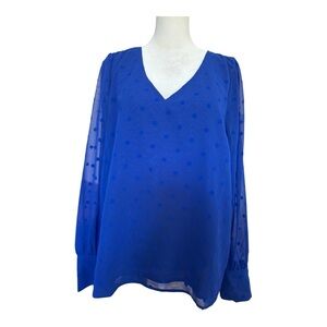 J.Crew Royal Blue Swiss Dot V-Neck Blouse Large Long Sleeve Career Top
